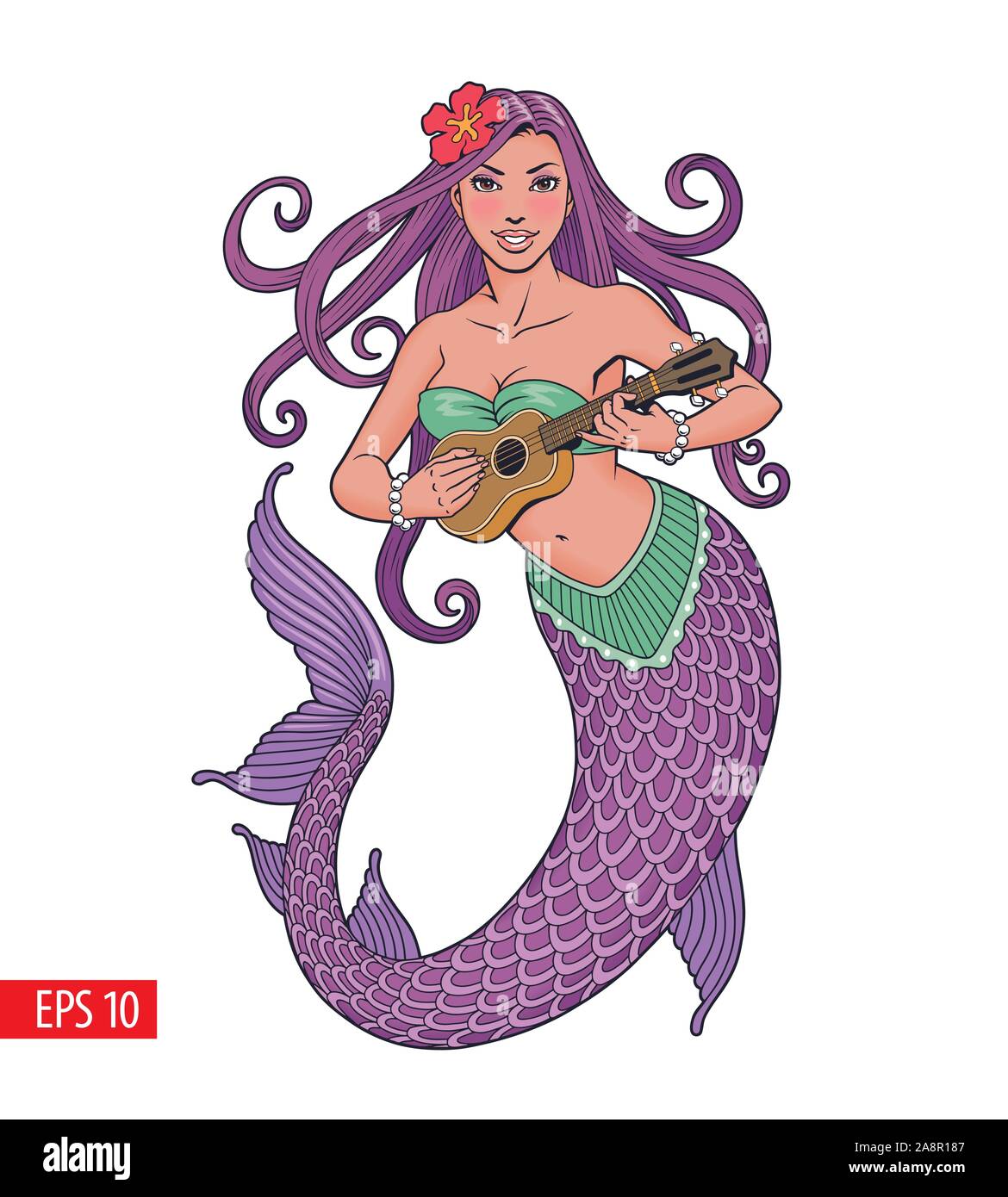 Mermaid giocando ukulele, Stile fumetto illustrazione vettoriale. Illustrazione Vettoriale