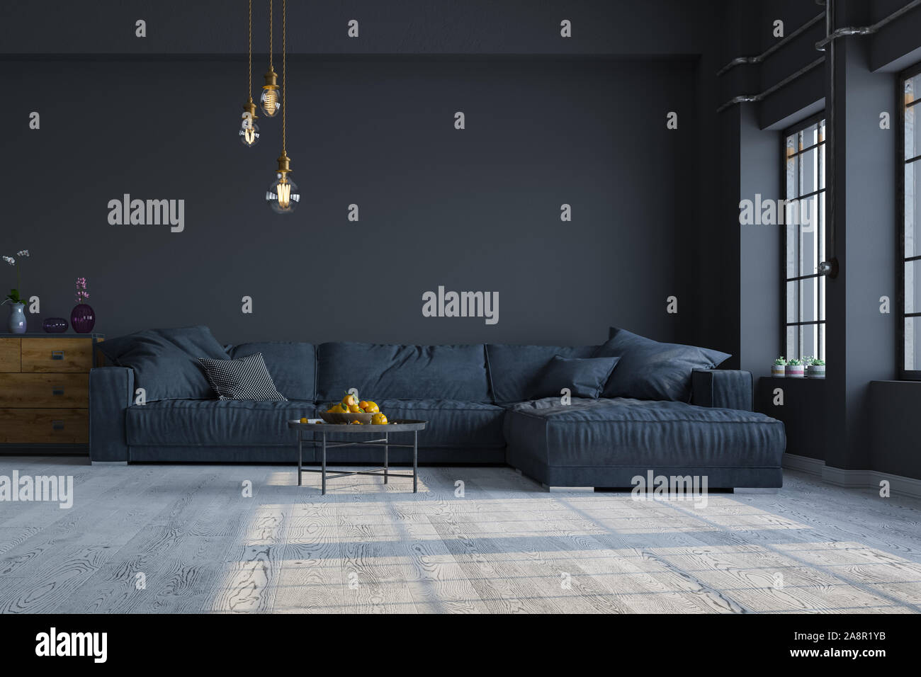 Design moderno degli interni di un soggiorno in un appartamento, casa, ufficio, comodo divano, fiori freschi e luminosi interni moderni e dettagli di Sunbeam Foto Stock