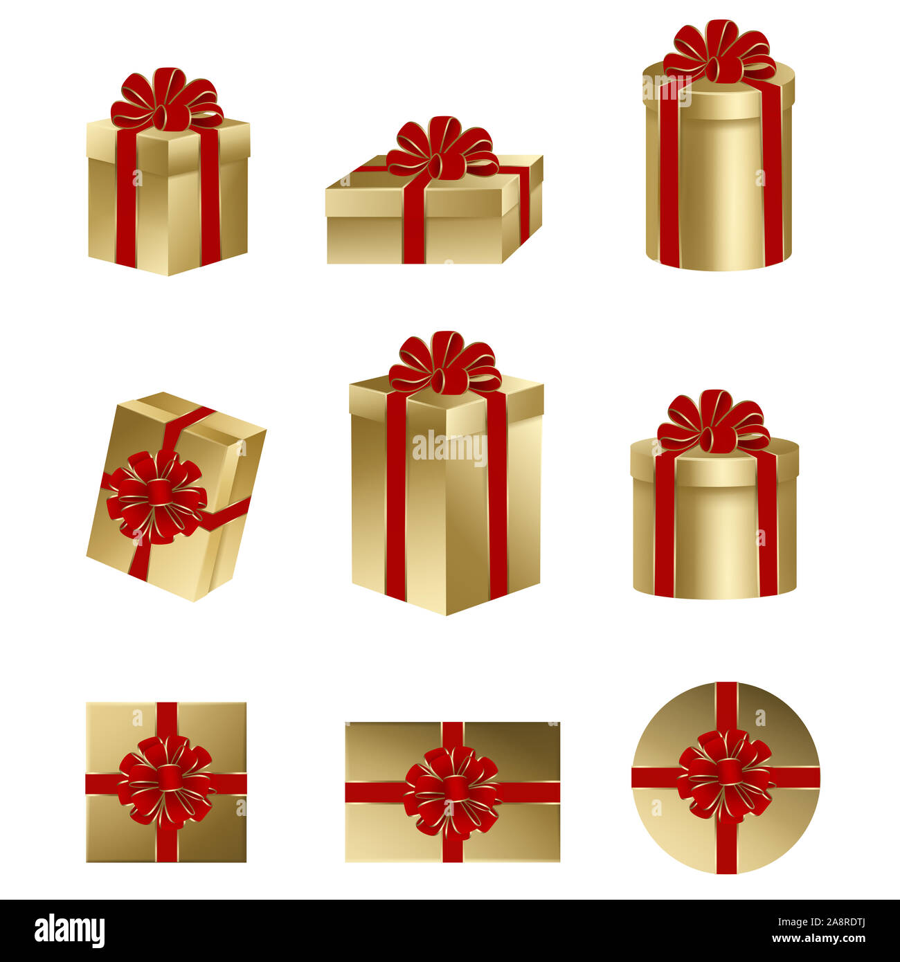 Impostare isolato oro confezioni regalo con fiocco rosso e nastro per natale e decorazioni di compleanno Foto Stock