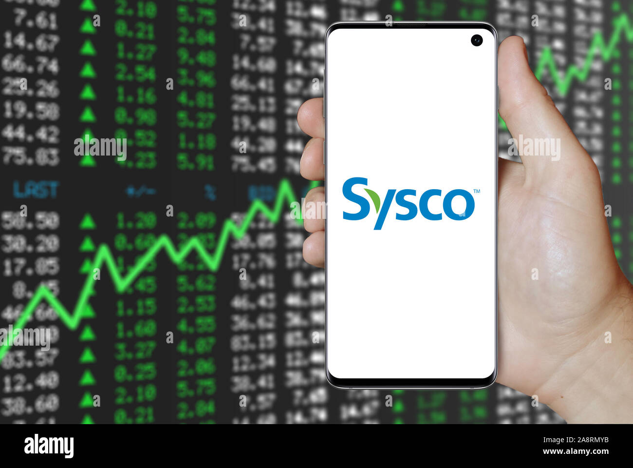 Il logo della società pubblica Sysco Corp. visualizzata su uno smartphone. Positivo del mercato azionario sfondo. Credito: PIXDUCE Foto Stock