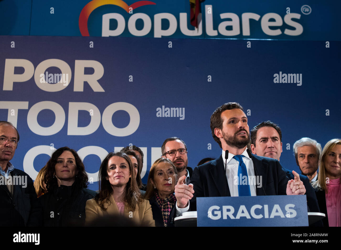 Madrid, Spagna. Novembre 10th, 2019. Candidato per il primo ministro Pablo Casado del Partido Popular (Partito popolare) parlare durante la notte elettorale. Partito popolare è stato il secondo più votato partito, dietro il PSOE, che ha vinto le elezioni generali. Credito: Marcos del Mazo/Alamy Live News Foto Stock