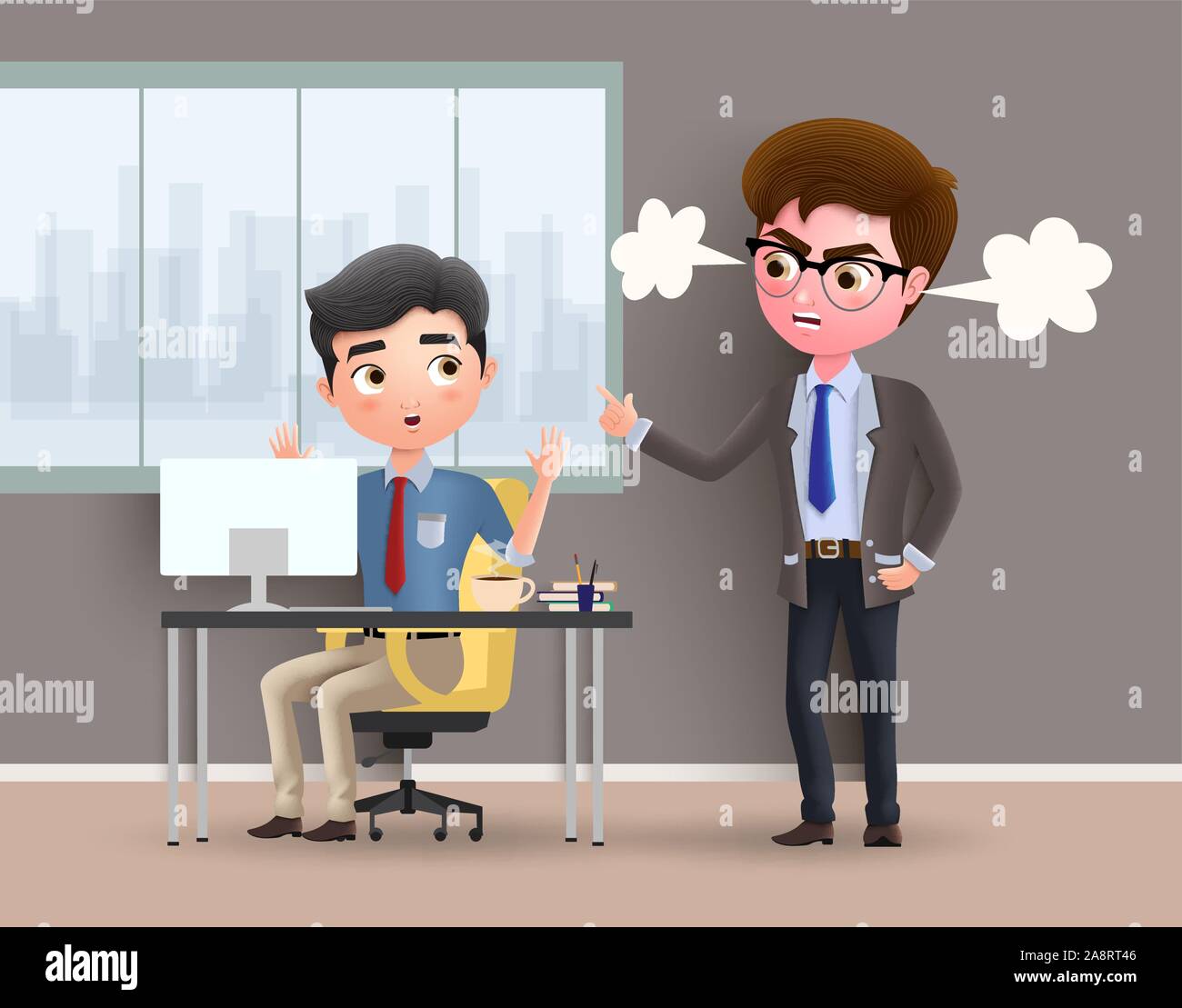 Arrabbiato boss carattere business concetto vettoriale. Ufficio dipendente catturati dal boss arrabbiato mentre si lavora in ufficio. Illustrazione Vettoriale. Illustrazione Vettoriale