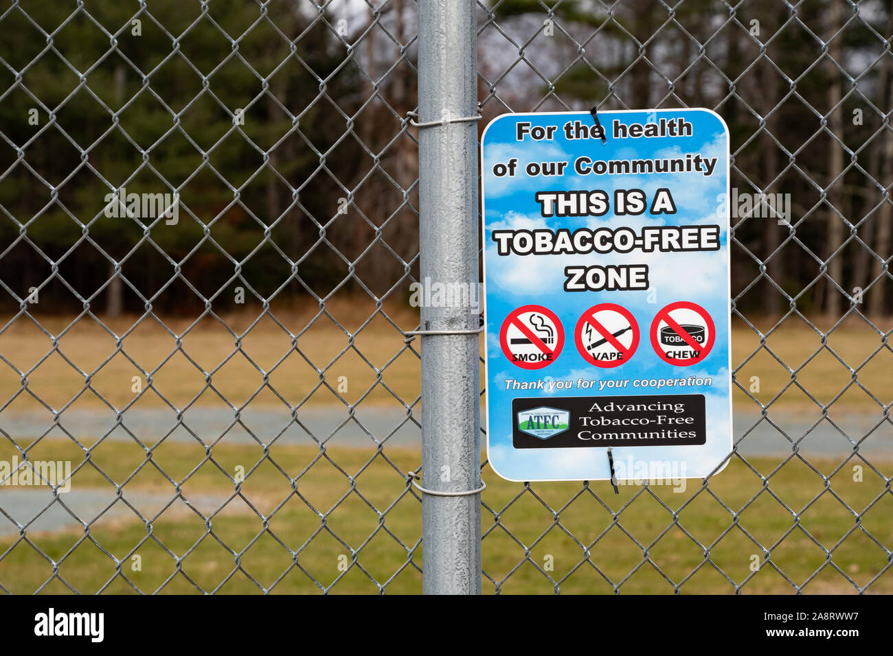Un tabacco free zone segno su una catena collegamento recinto circostante una palla in campo speculatore, NY USA, con la richiesta di non fumare, non vaping, e nessun chewing. Foto Stock
