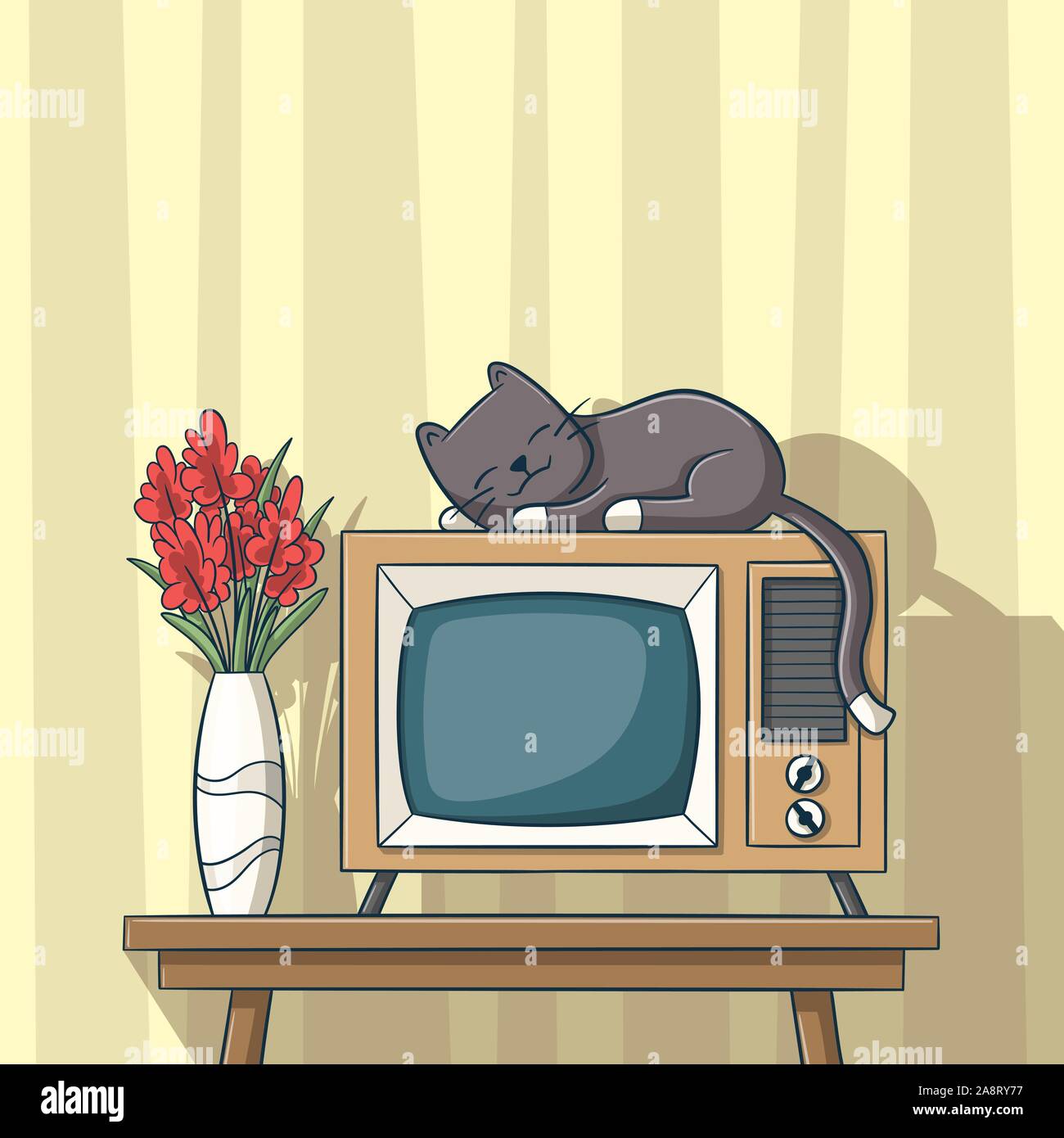 Gatto dorme su un vecchio televisore. Un ragazzo e una ragazza la riproduzione. Disegnata a mano illustrazione vettoriale con strati separati. Illustrazione Vettoriale