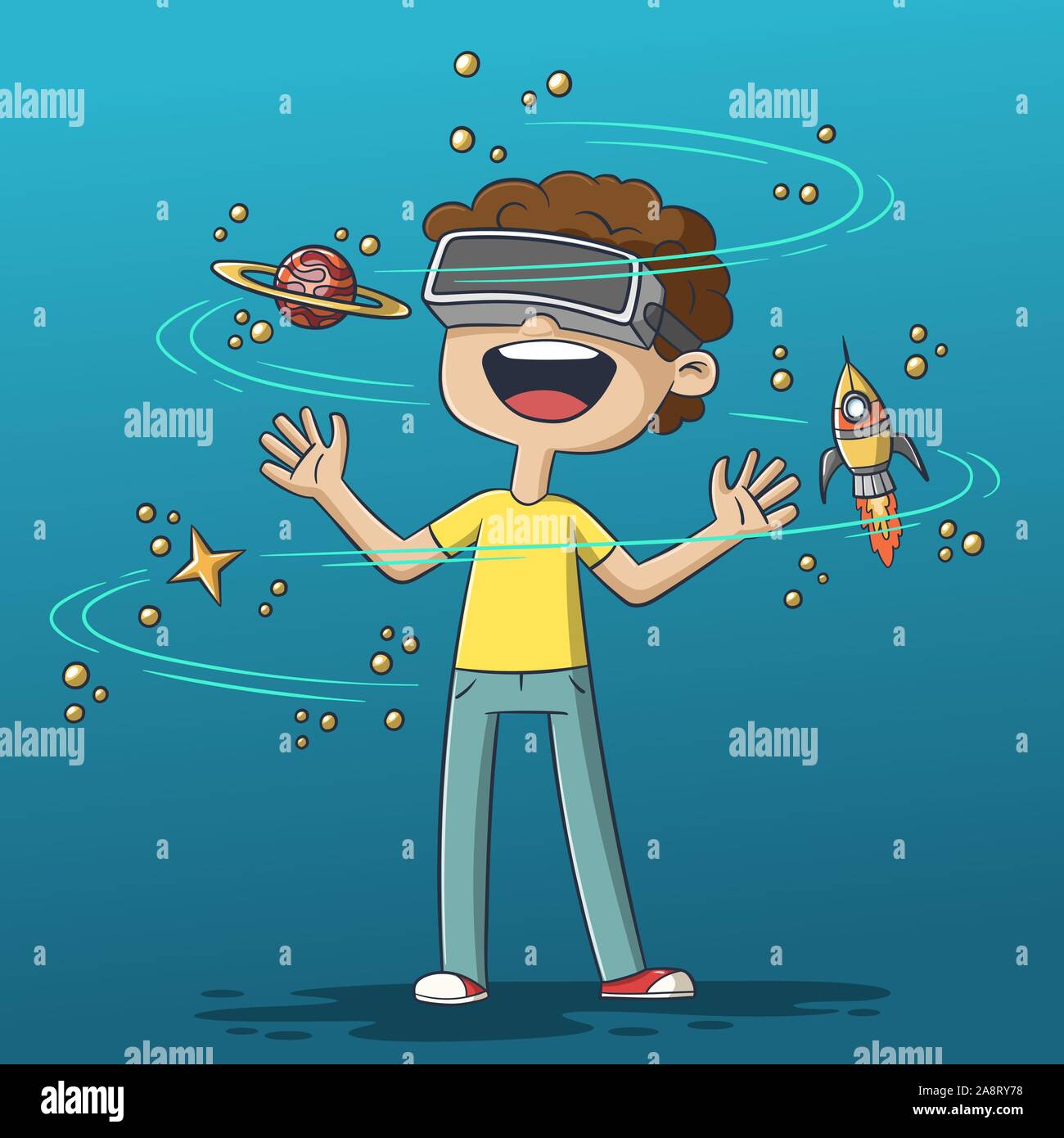 Boy utilizzando la realtà virtuale auricolare. Disegnata a mano illustrazione vettoriale con strati separati. Illustrazione Vettoriale