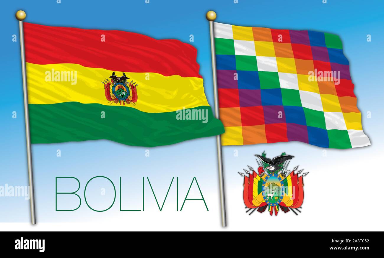 Bolivia e Wiphala bandiere ufficiali con stemma, illustrazione vettoriale, SUD AMERICA Illustrazione Vettoriale