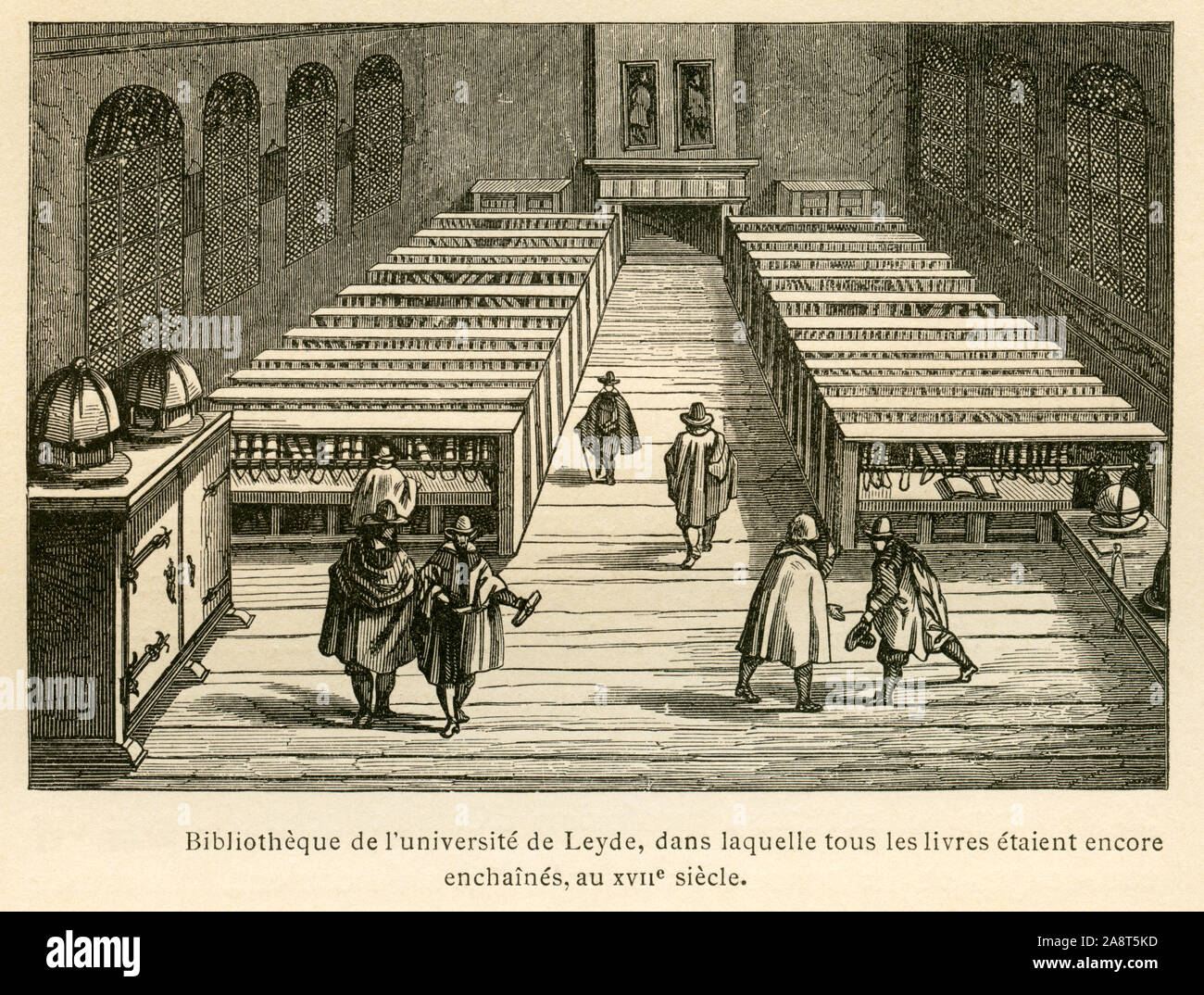 Europa, Niederlande, Leiden, Bibliothek der Universität, Handbibliothek mit un Ketten befestigten Büchern , Testooriginale : ' Bibliothèque de l'université de Leyde, dans laquelle tous les livres étaient encore enchaînés, au XVII e siècle ' , Motiv aus : ' L'Ancienne Francia, Le Livre ' , von M. P. Louisy , Verlag : ' Librairie de Firmin-Didot et Cie, Parigi, 1887 . / Europa, Netherland, Leiden, biblioteca dell'università, riferimento biblioteca con libri fissato con catene, immagine da : ' L'Ancienne Francia, Le Livre ' , da M. P. Louisy, casa editrice : Librairie de Firmin-Didot et Cie. , Parigi, 1 Foto Stock