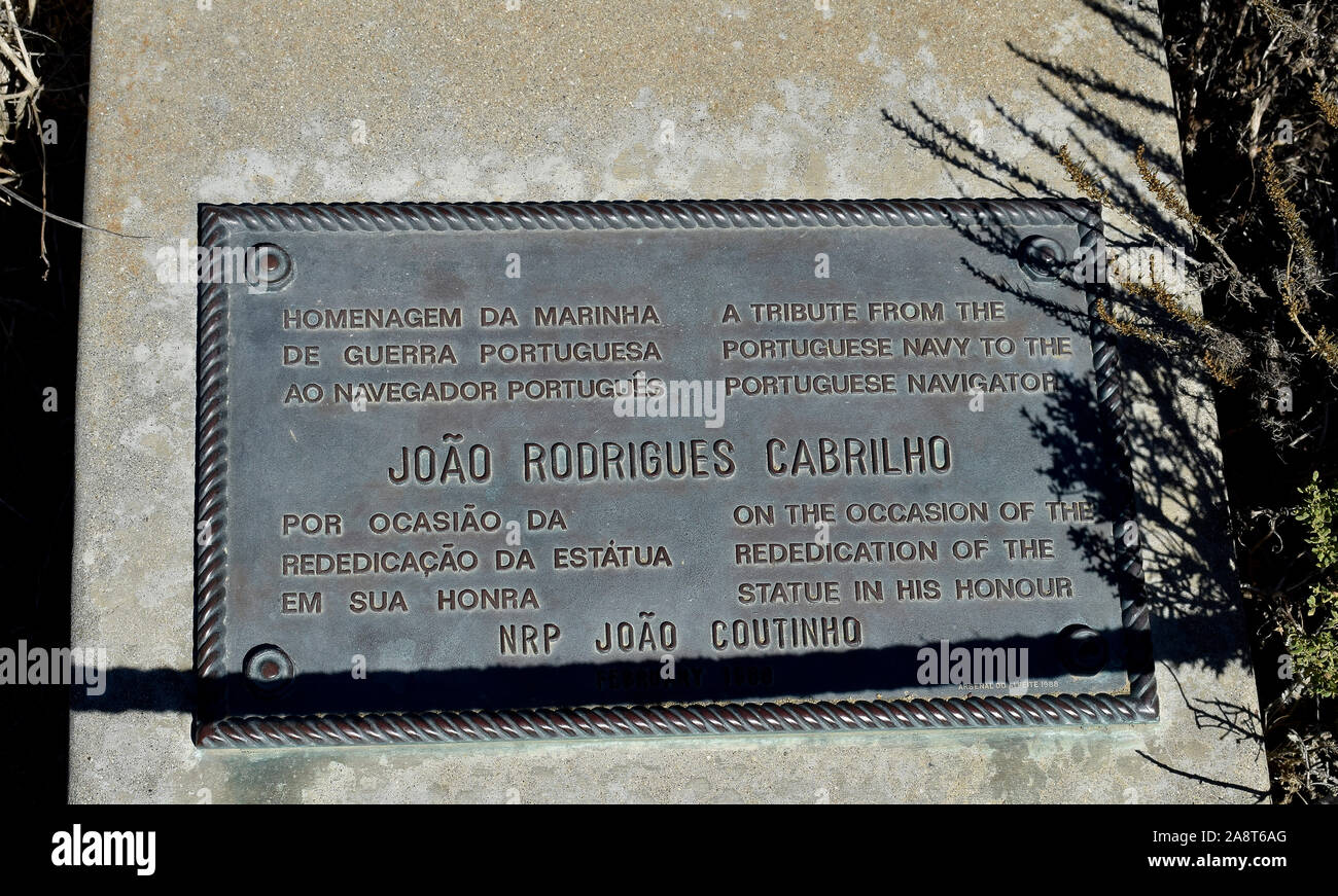 Cabrillo National Monument, tributo dalla Marina portoghese al navigatore portoghese, Juan Rodriguez Cabrilllo, a Point Loma, San Diego, California Foto Stock