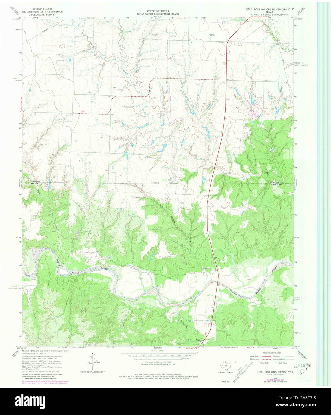 USGS TOPO Map Texas TX Inferno ruggente torrente 110676 1967 24000 Restauro Foto Stock