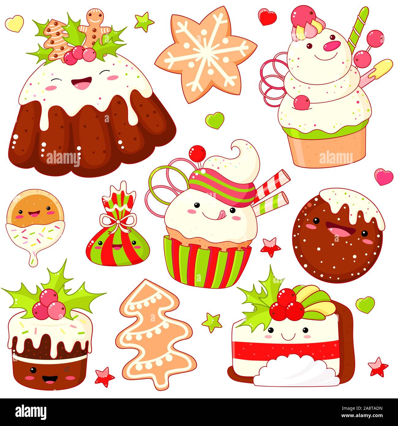 Set di carino dolce di Natale icone in stile kawaii con volto sorridente e guance di rosa. Il budino, torta, panpepato, biscotti, tortina. EPS8 Illustrazione Vettoriale