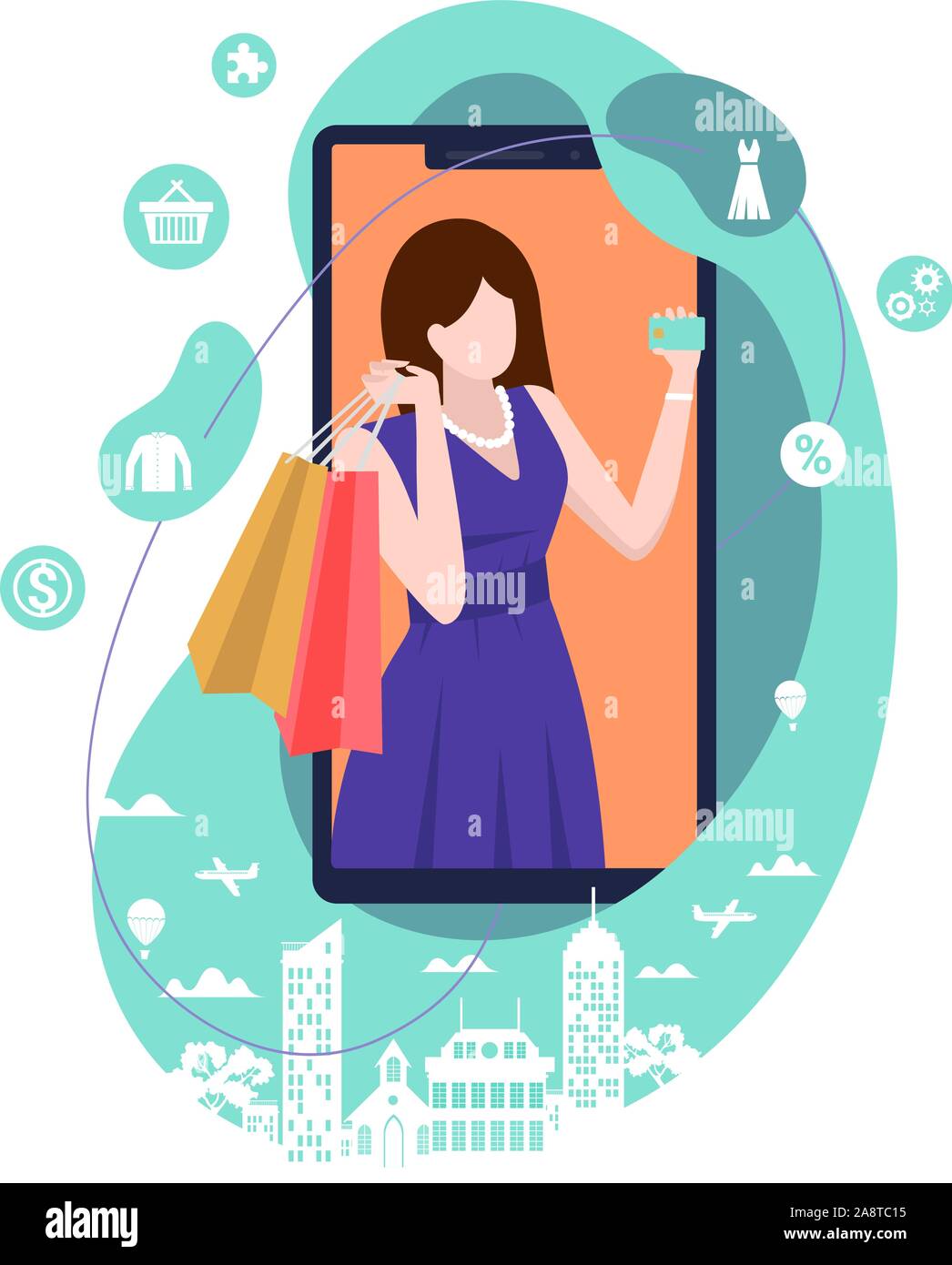 Concetto piatta illustrazione vettoriale. Mobile shopping online con lo smartphone e donna borse e zaini con gli acquisti. Occupato lo stile di vita della città, negozio online Illustrazione Vettoriale