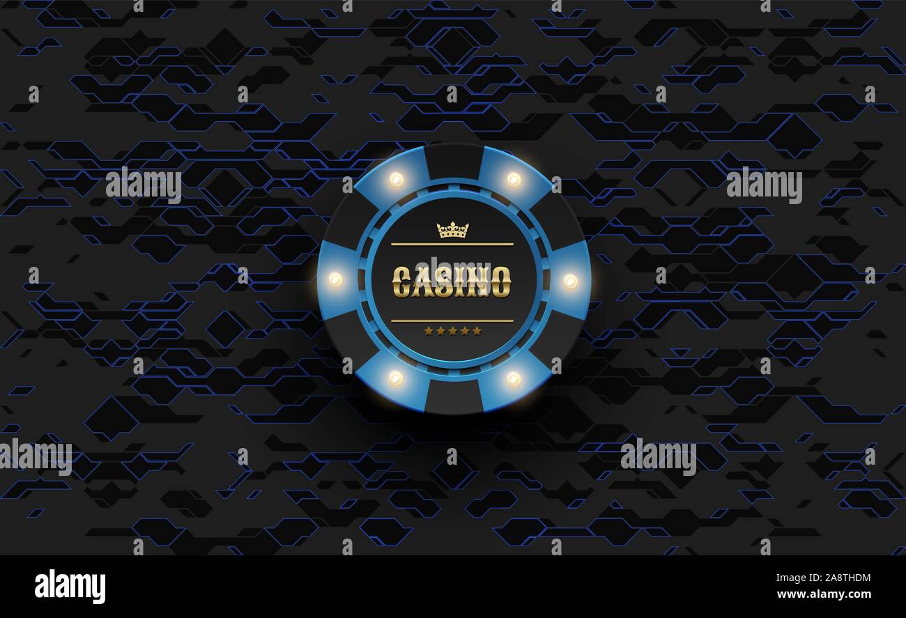 Vector blue casino poker chip con spia luminosa degli elementi. Seta nero hi-tech sfondo. Blackjack o casinò online banner web, logo o icona. Illustrazione Vettoriale