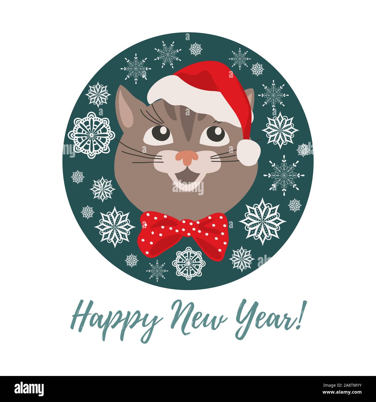 Buon Natale e Felice Anno Nuovo. Isolato cartoon sorridente faccia del gatto in un cappello di Natale in cerchio. Carino illustrazione vettoriale. Illustrazione Vettoriale