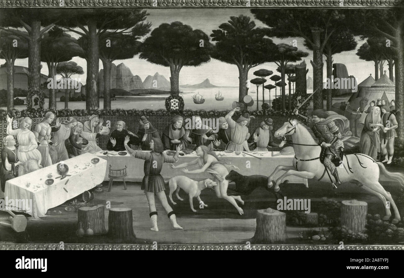 La storia di Nastagio degli Onesti (terzo episodio), dipinto da un artista italiano Sandro Botticelli, ca. 1483 Foto Stock