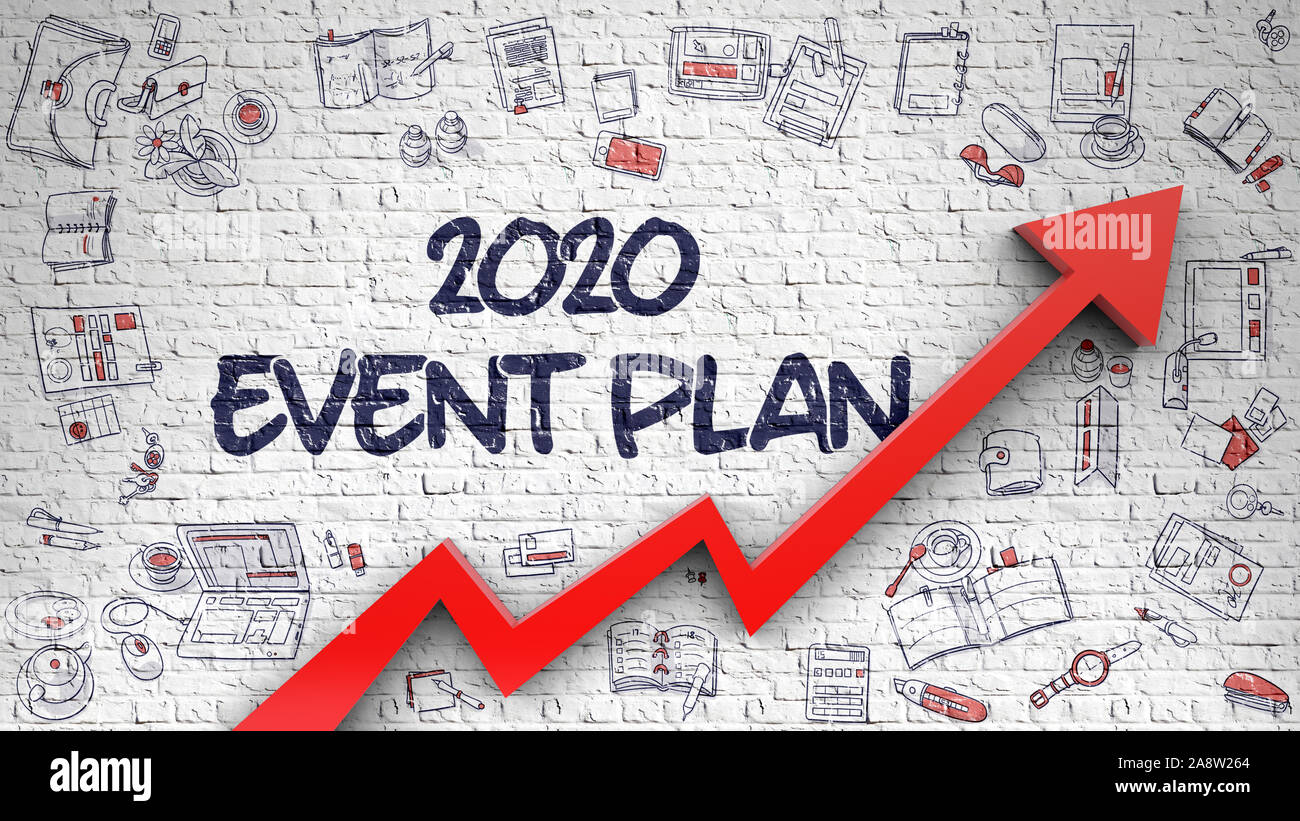 2020 Event Plan disegnato su Brickwall bianco. Foto Stock