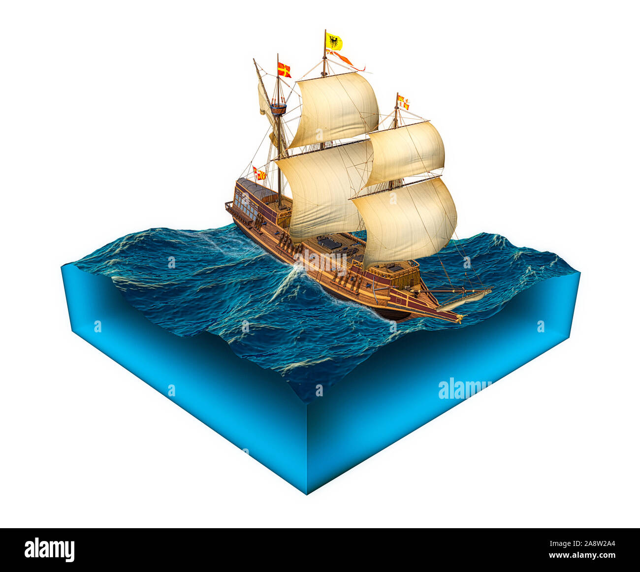 Sezione trasversale di pulite acque oceaniche isolate su sfondo bianco con il modello di nave storica galeone spagnolo. 3D render illustrazione. Foto Stock