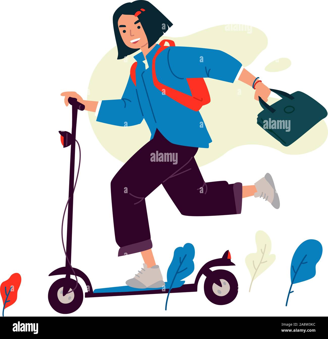 Illustrazione di una ragazza su uno scooter elettrico. Vettore. Una donna in fretta di studio o di lavoro. La gioventù femminile di business dell'immagine. Asian look. In stile appartamento. Masco Illustrazione Vettoriale