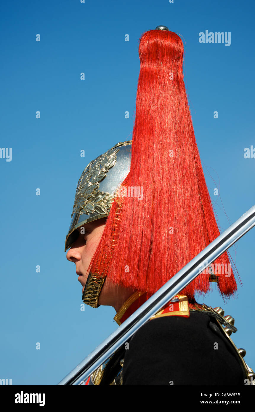 Londra - 13 ottobre 2011: Close-up di un horse guard sentry permanente al Saint James Palace, Whitehall, una tradizione accolta dal Tudor volte. Foto Stock