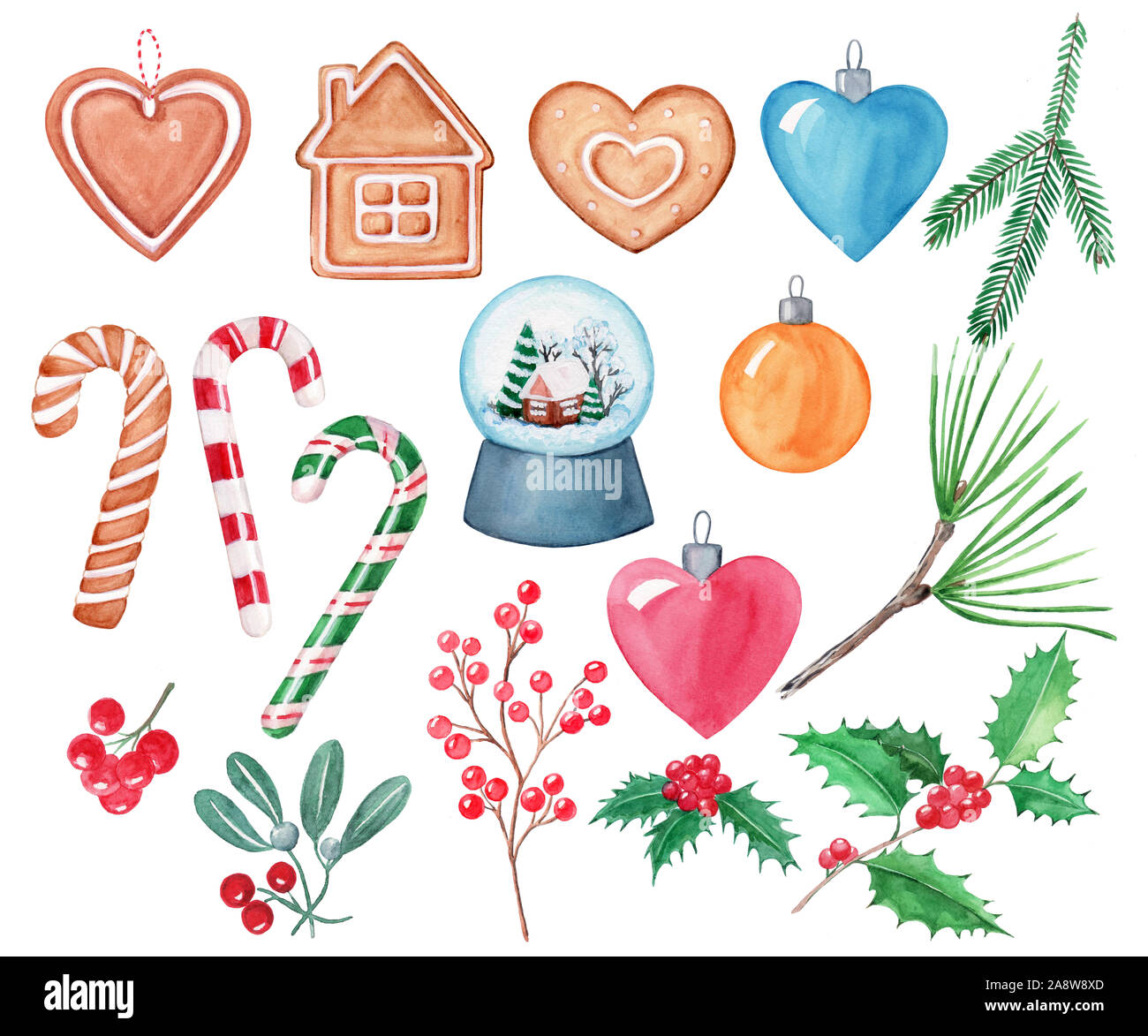 Set di elementi di Natale, bacche rosse, snow globe palla, lecca-lecca, palle di Natale, agrifoglio, vischio, lo zenzero cookie, rami di abete e pino. Han Foto Stock