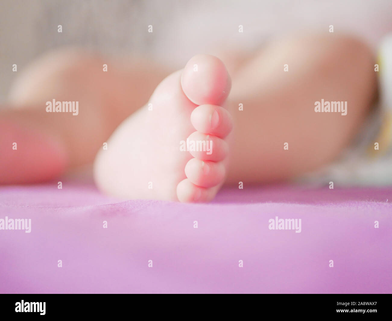 I piedi di un sonno neonato. I piedi di un sonno neonato vicino. Posto per iscritto. Immissione di testo. Foto Stock