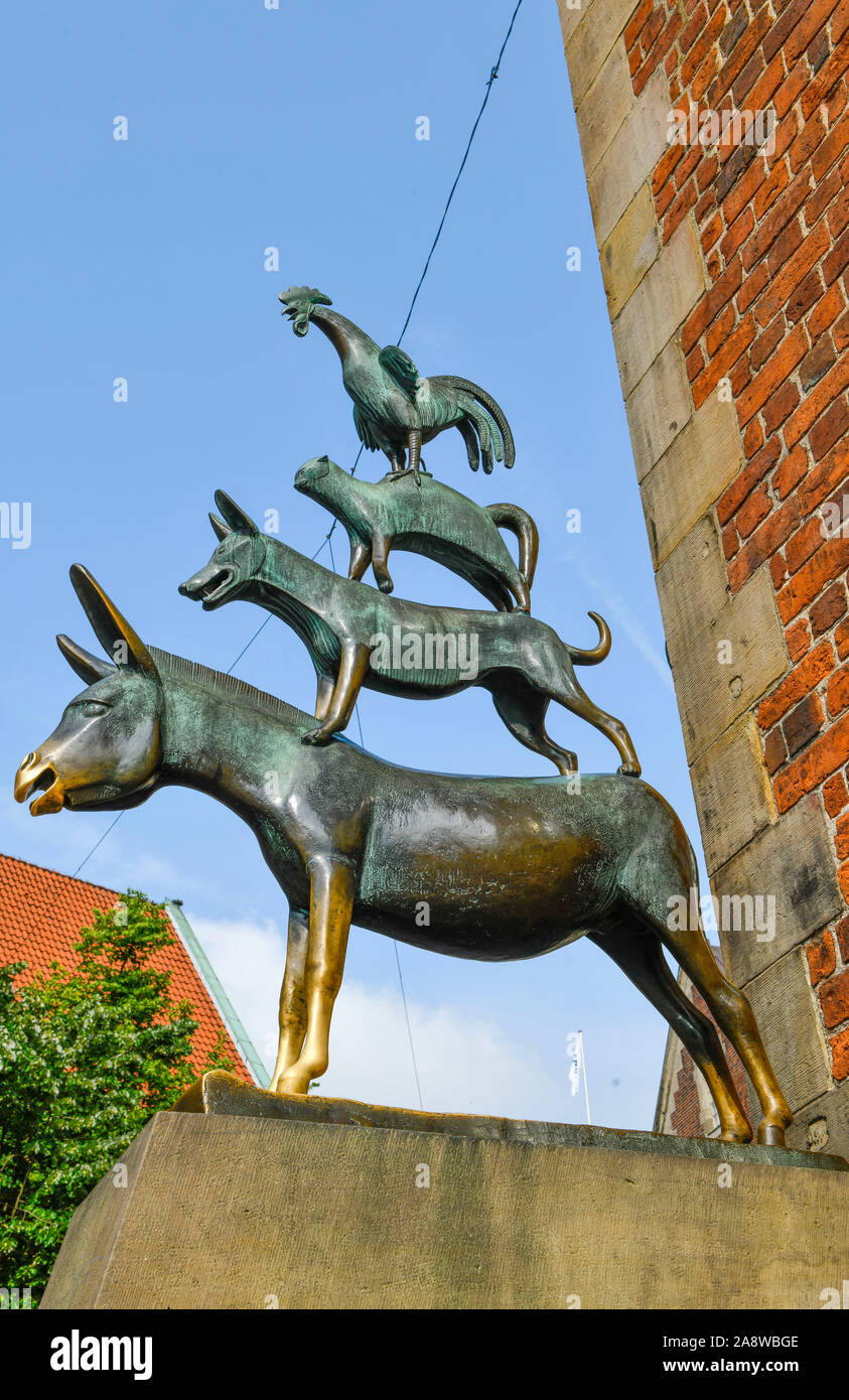Bronzeskulptur, Bremer Stadmusikanten, Schoppensteel, Brema, Deutschland Foto Stock