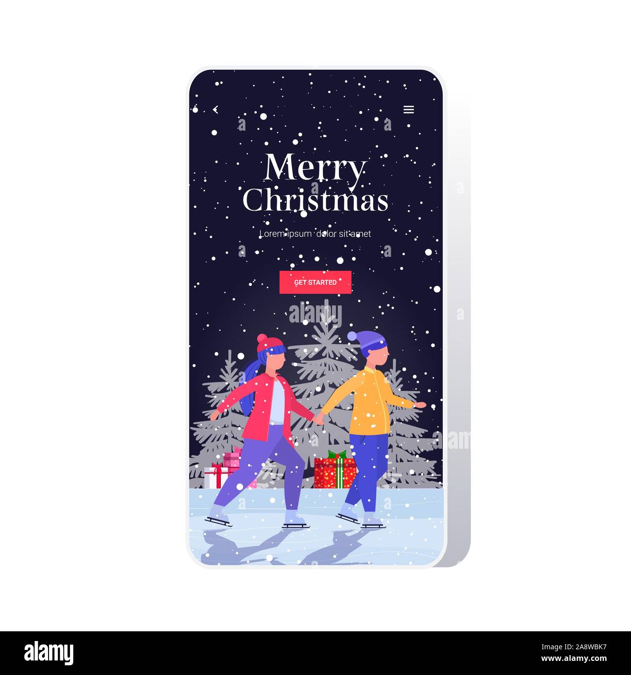 Giovane a pattinare sulla pista di pattinaggio su ghiaccio sport invernali attività buon natale vacanze di capodanno concetto uomo donna in cappelli di Babbo Natale di trascorrere del tempo insieme lo schermo dello smartphone online mobile app a lunghezza piena illustrazione vettoriale Illustrazione Vettoriale