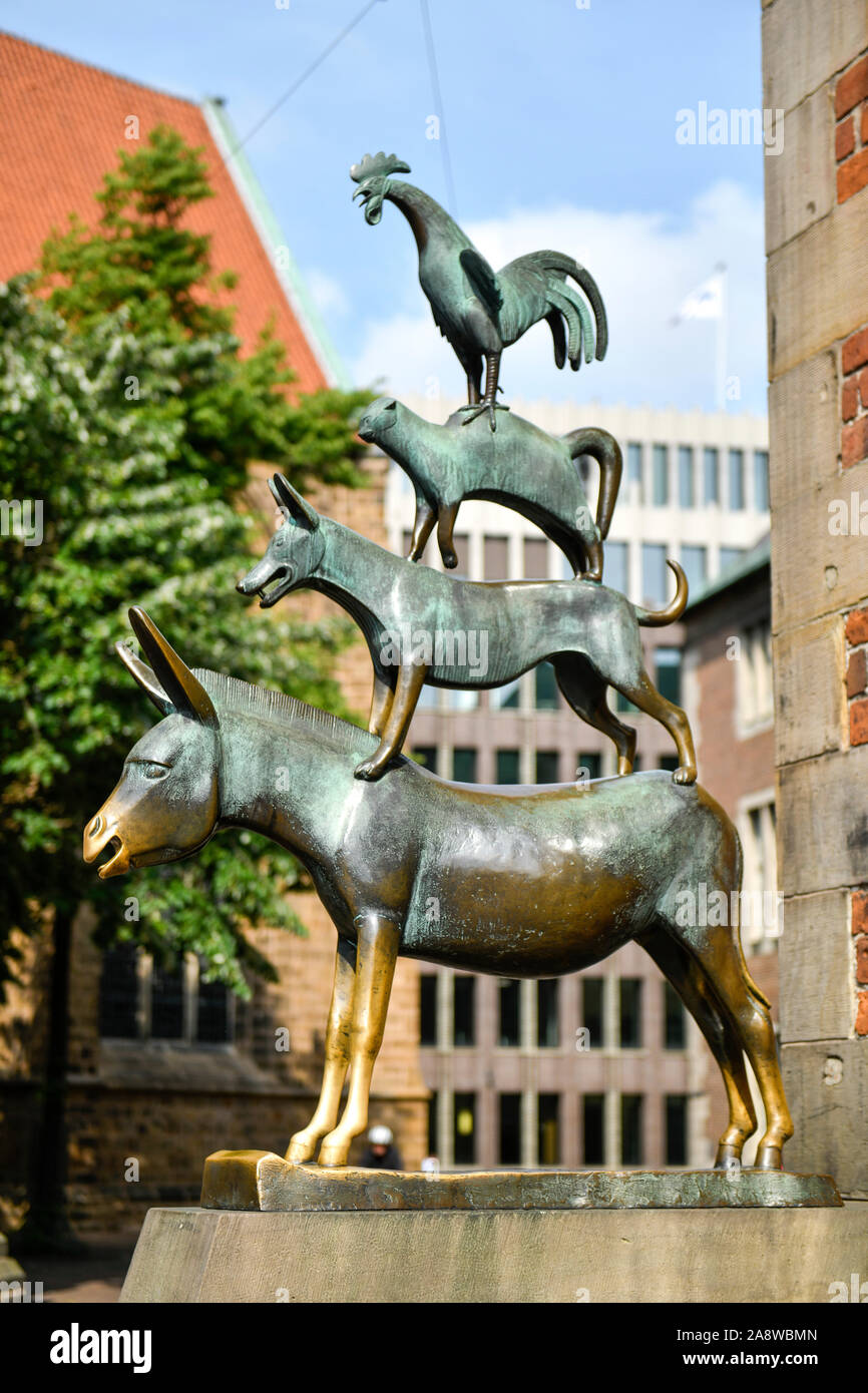 Bronzeskulptur, Bremer Stadmusikanten, Schoppensteel, Brema, Deutschland Foto Stock