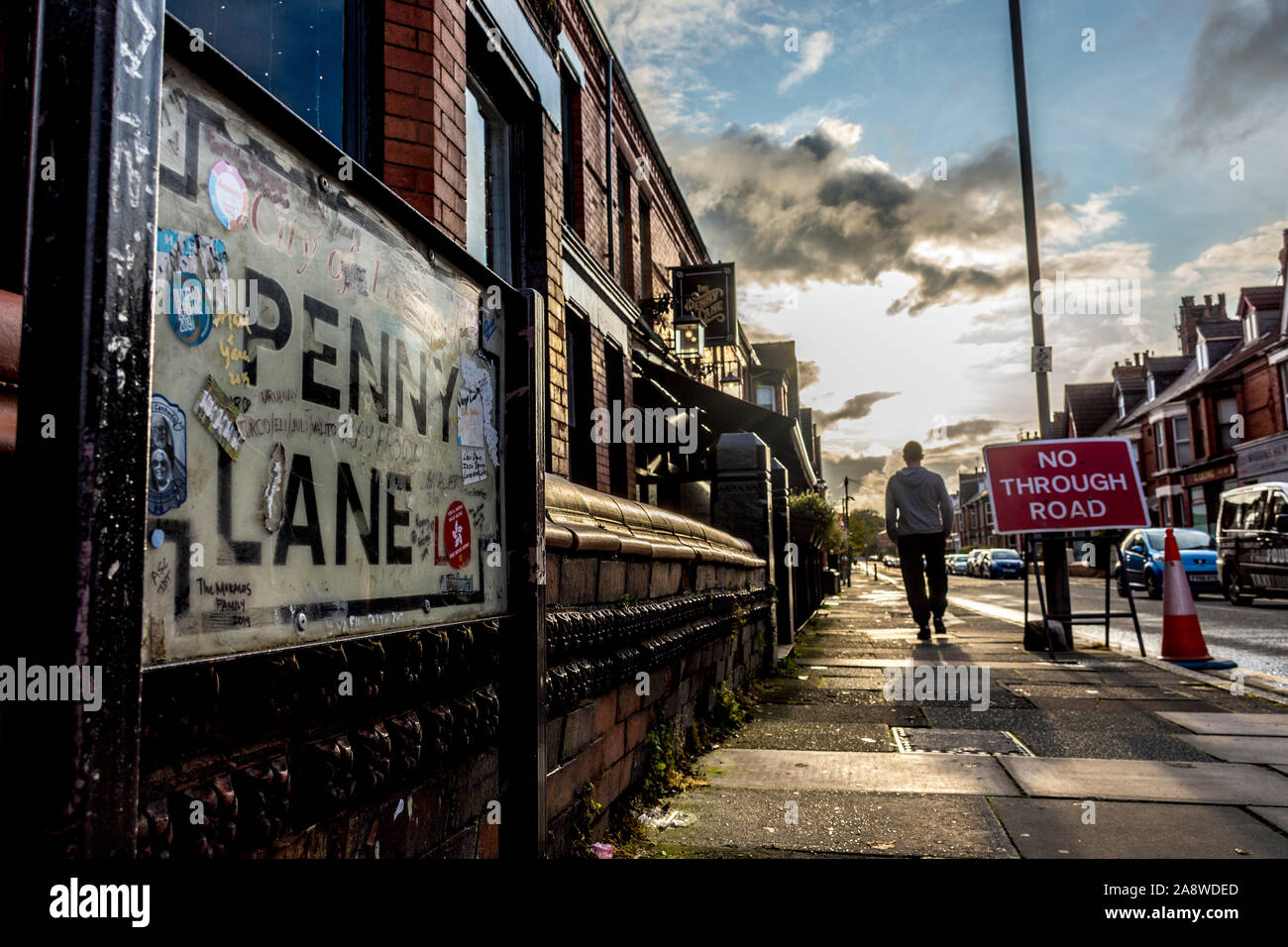 Penny Lane segno, Liverpool, Regno Unito. La strada resa famosa in una canzone dei Beatles. Foto Stock