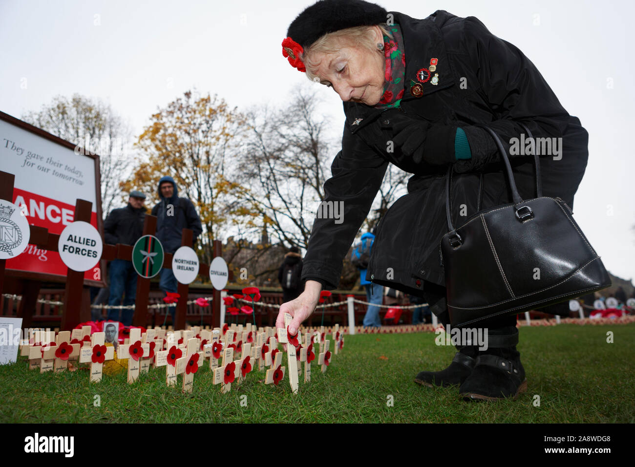 Edimburgo, Scozia, Regno Unito. Undicesimo mese di novembre. 2019. Morag Goulden 73 anni luogo croce per ricordare il suo marito e due fratelli il giorno dell'Armistizio nel giardino di Edimburgo. Credito: pak@ Mera/Alamy Live News Foto Stock