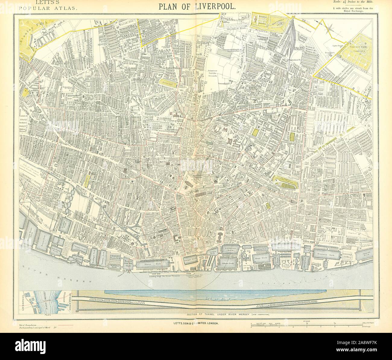 La città di Liverpool mappa della città. Mersey sezione del tunnel. Ward confini.LETTS 1883 Foto Stock