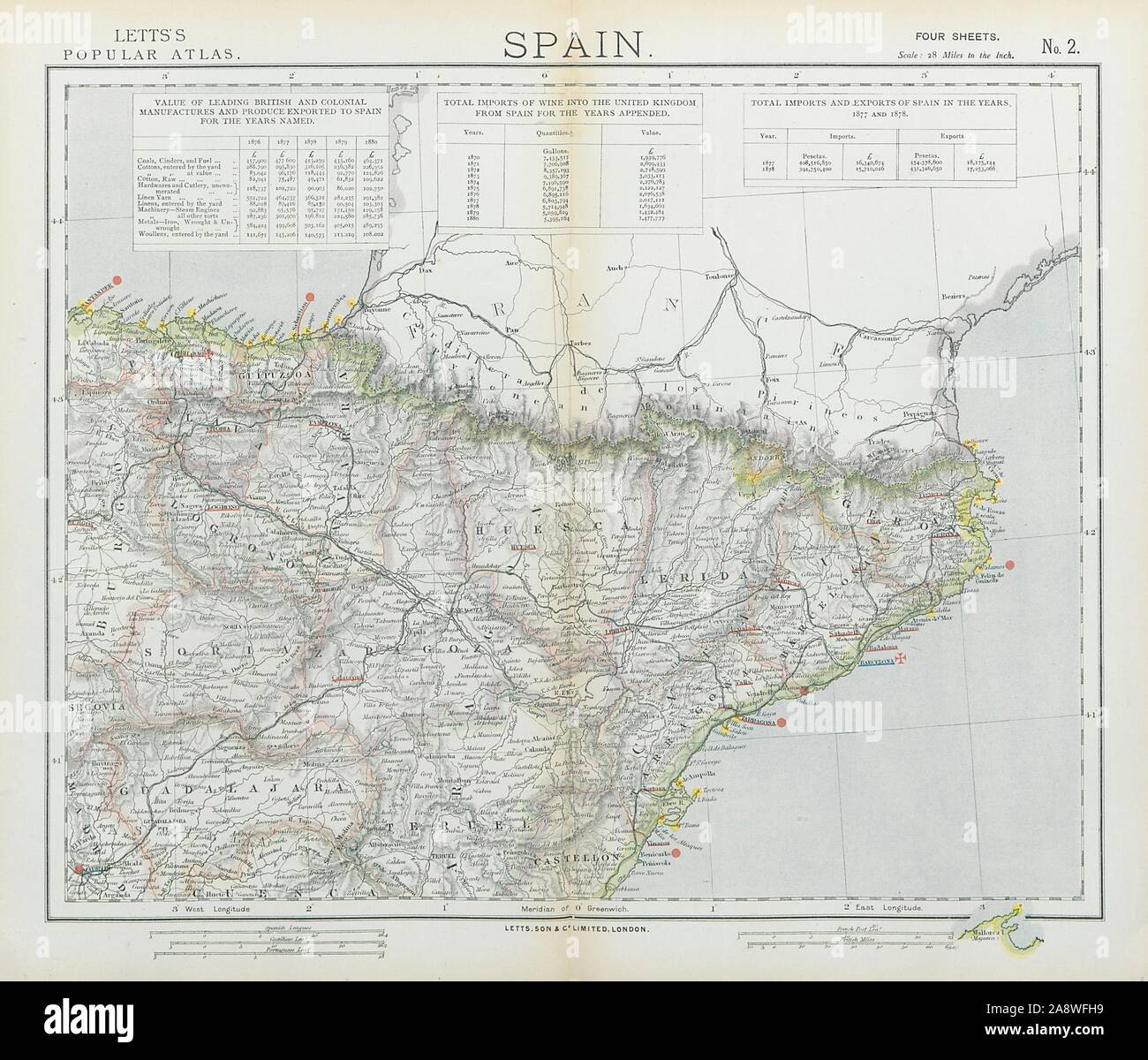 Spagna del nord est. Catalonia Aragon Navarra. Ferrovie fari. LETTS 1883 mappa Foto Stock