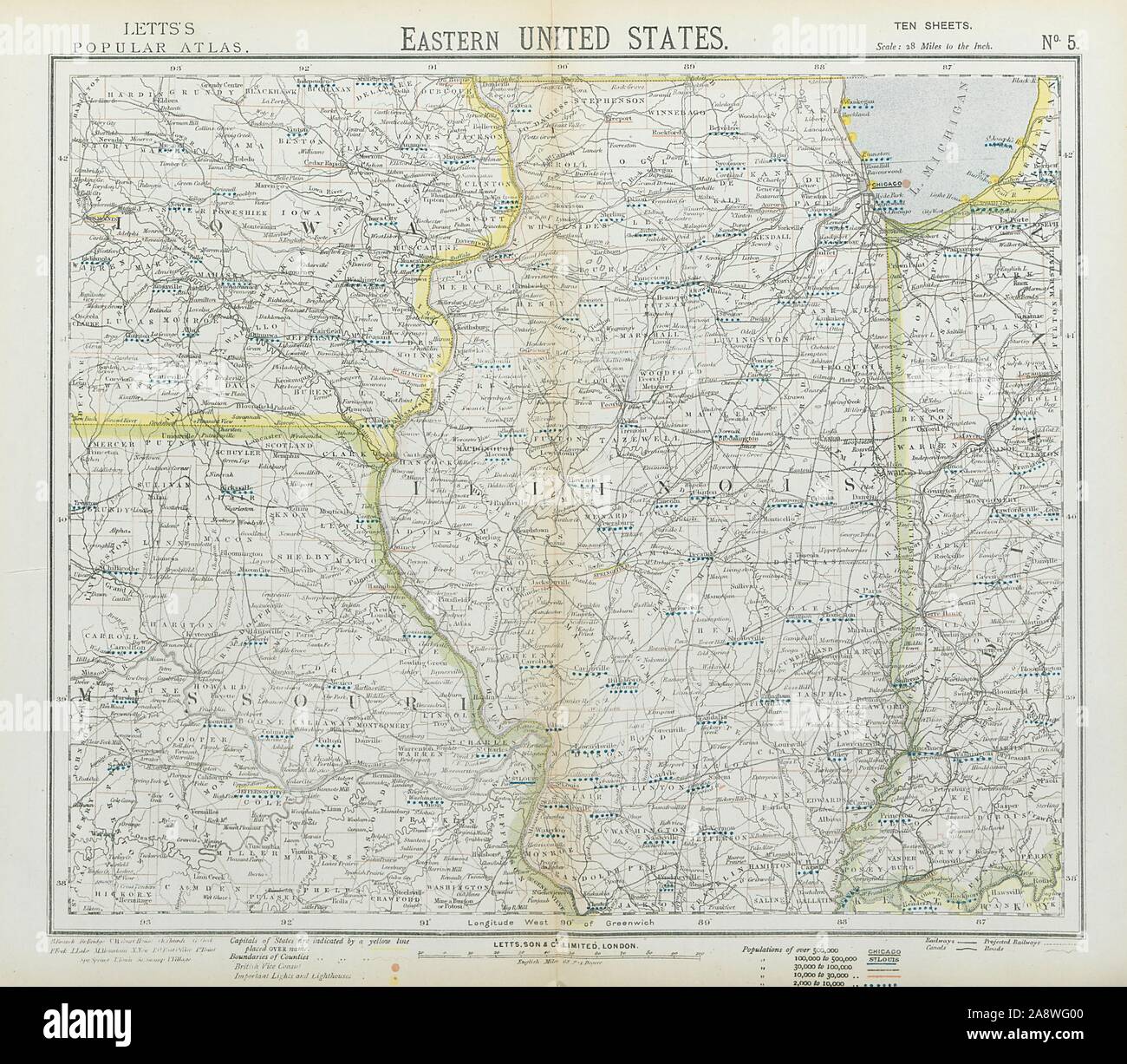 Noi Midwest. Missouri Illinois Indiana Iowa Chicago. Ferrovie. LETTS 1883 mappa Foto Stock