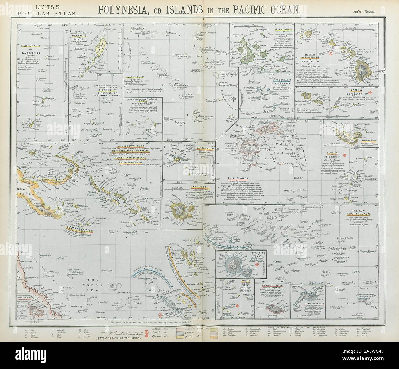 Pacifico Isole Hawaii Polinesia Samoa Fiji Tahiti Galapagos. LETTS 1883 mappa Foto Stock
