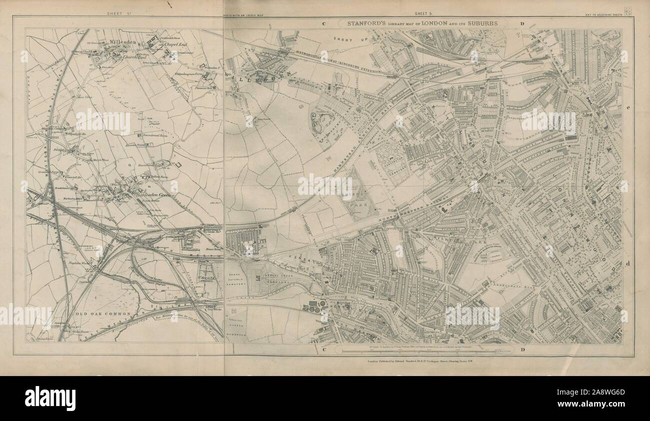 Libreria di Stanford mappa di Londra foglio 5/5a Willesden Kilburn St John's Wood 1895 Foto Stock