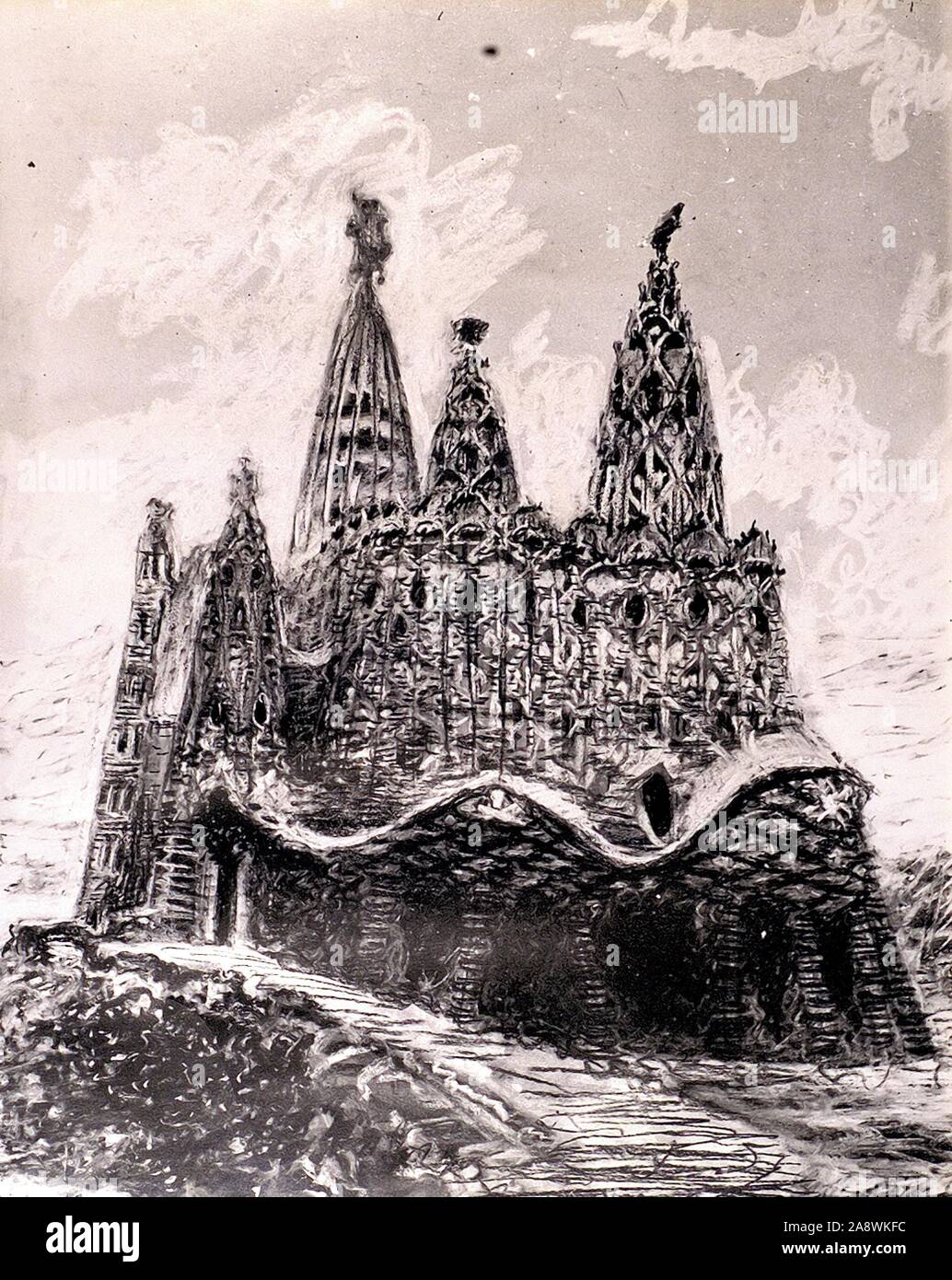 Disegno di Gaudí della Chiesa della Colonia Güell, Barcelona, 1911. Autore: Antoni Gaudí (1852-1926). VICENS VILARRUBIAS. Foto Stock