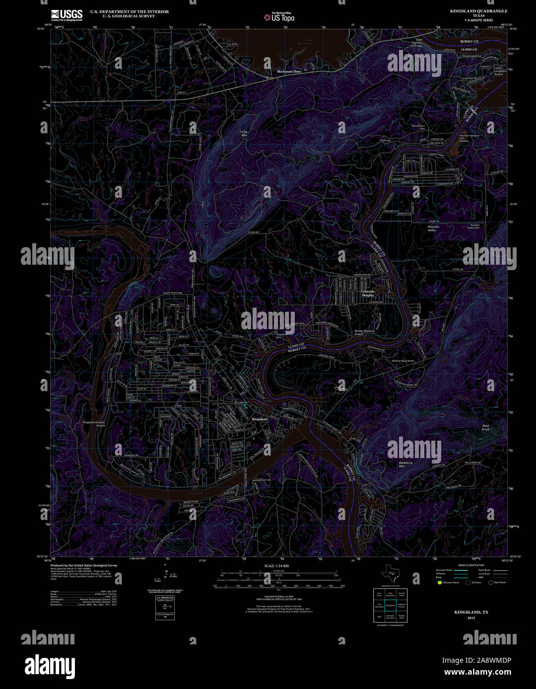 USGS TOPO Map Texas TX Kingsland 20121204 TM restauro invertito Foto Stock