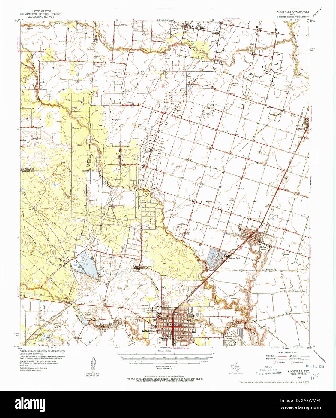 USGS TOPO Map Texas TX Kingsville 110023 1954 62500 Restauro Foto Stock