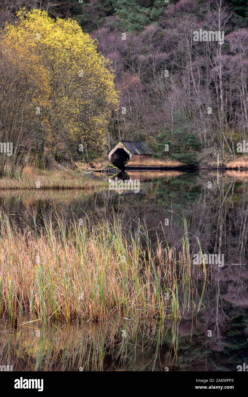 Riflessioni su una tranquilla mattina autunnale presso un vecchio boathouse sul Loch Chon nel Trossachs National Park, Scozia Foto Stock