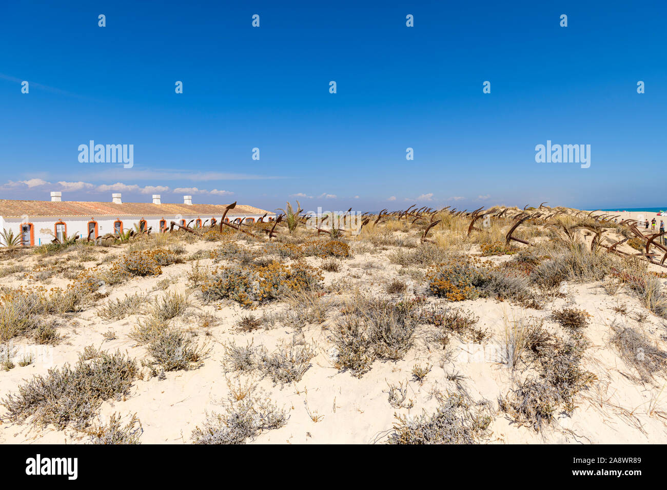 Il cimitero abbandonato ancora ancore, Cemitério das âncoras sulla spiaggia di Barril, Santa Luzia Algarve, Portogallo. Foto Stock