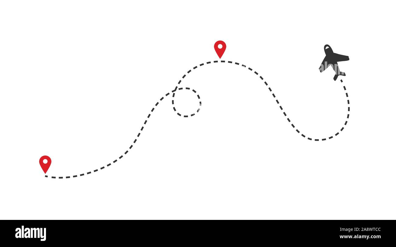 Piano di vettore di percorsi. Tracciamento di aeromobili, piani sagome, perni di posizione isolata su sfondo bianco. Illustrazione del percorso della linea di volo Illustrazione Vettoriale