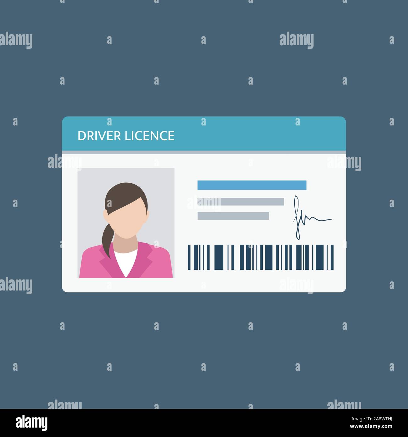 Icona della patente di guida in uno stile piatto, carta d'identità. ID card, scheda di identificazione, verifica identità, persona dati. Illustrazione Vettoriale