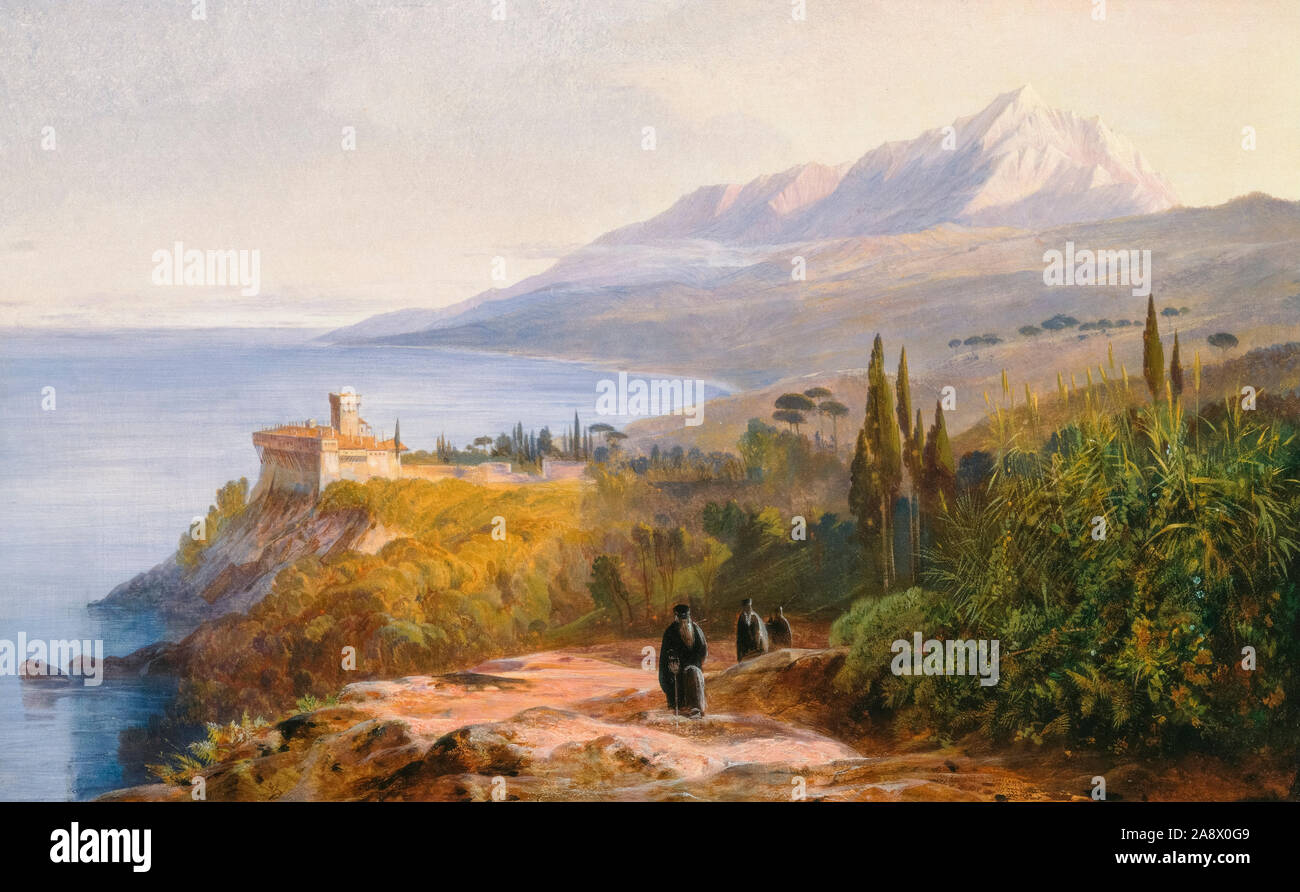 Edward Lear, la pittura di paesaggio, il Monte Athos e il monastero di Stavronikétes, 1857 Foto Stock