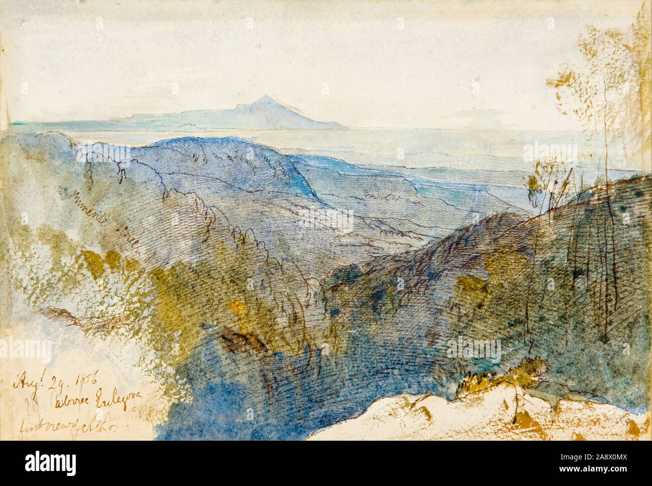 Edward Lear, distante un vista del Monte Athos, la pittura di paesaggio, 1856 Foto Stock