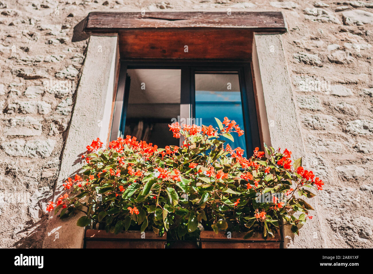 Una finestra di affascinante in stile provenzale con splendidi vasi di  fiori sul davanzale Foto stock - Alamy