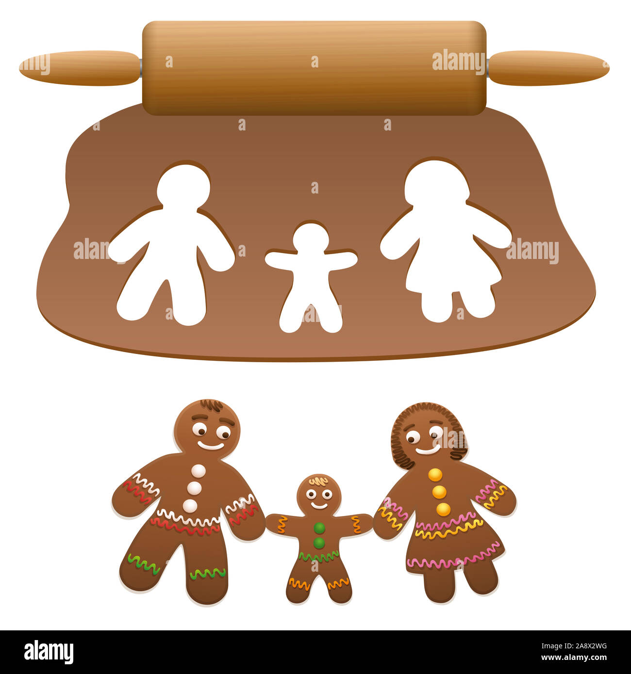 Famiglia di panpepato, il padre, la madre e il bambino. Genitori felici con il loro figlio tagliato fuori della pasta lebkuchen - illustrazione su sfondo bianco. Foto Stock