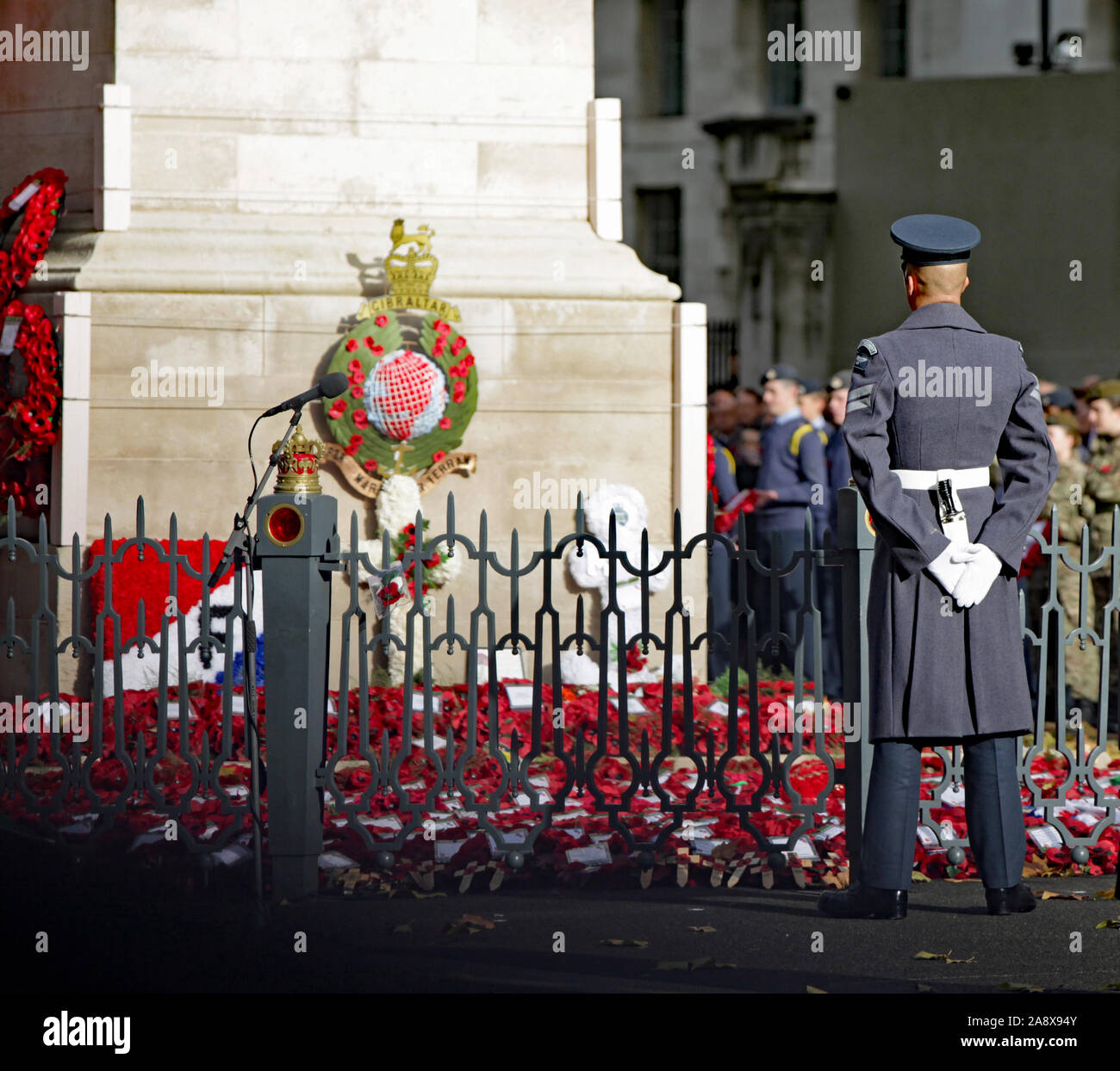 Un membro della RAF Reggimento sta di guardia di fronte il cenotafio in Whitehall, Londra centrale, dove ghirlande di papaveri sono collocati per ricordare le vittime della guerra. Foto Stock