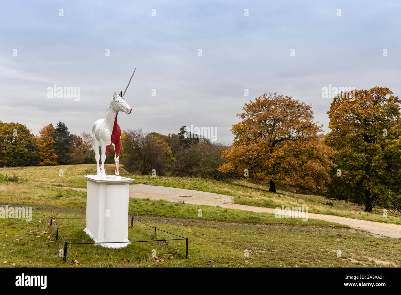 Damien Hirst scultura mito è di unicorno bianco con metà della sua pelle scorticato in scenic Yorkshire Sculpture Park vicino a Wakefield, Regno Unito. Foto Stock