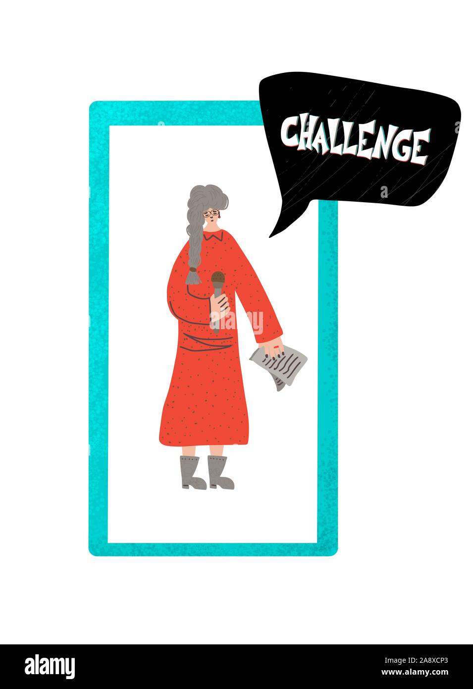 Concetto di sfida. Social media flashmob. Carino donna nella schermata telefono. Illustrazione Vettoriale. Illustrazione Vettoriale