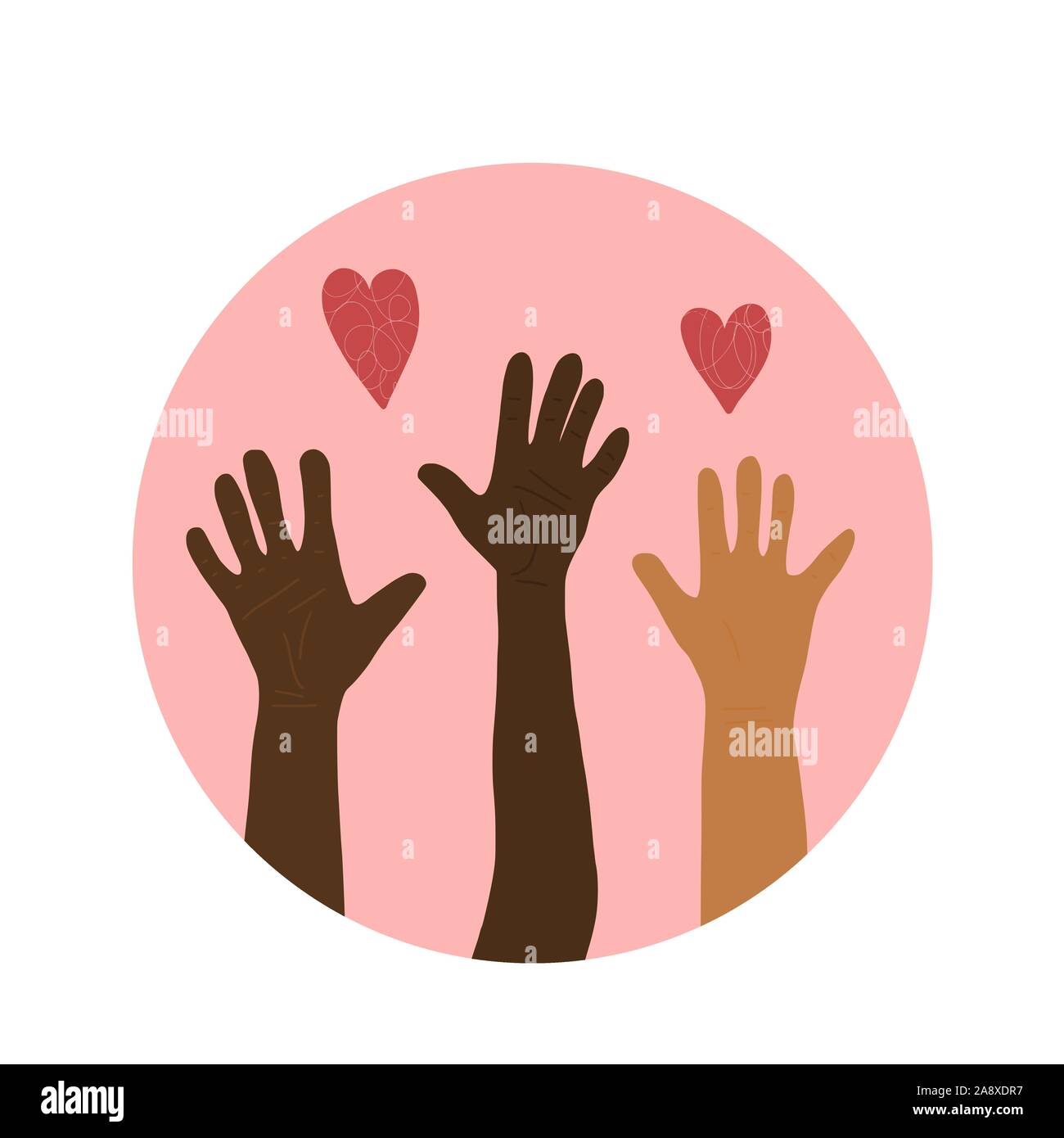 Icona di volontari. Diversi gli esseri umani mani emblema. Badge rotondo con simboli di Palm. Illustrazione Vettoriale. Illustrazione Vettoriale