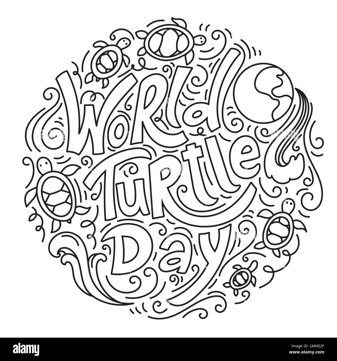 Mondo Turtle giorno 23 Maggio dello sfondo. Scritte a mano con elementi disegnati. Lineare moderno doodle stile. Bianco e nero illustrazione vettoriale. Illustrazione Vettoriale